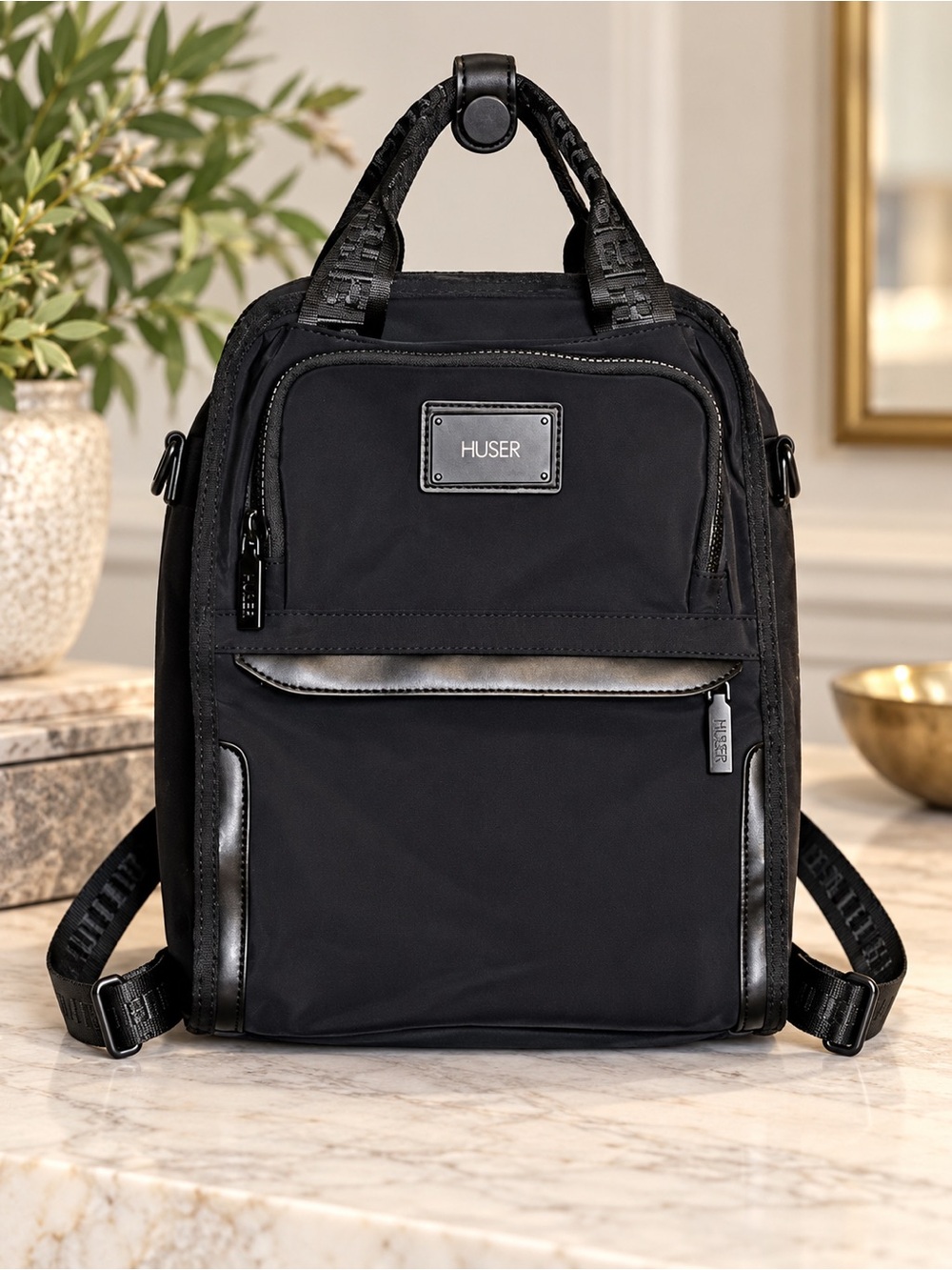 HUSER Black Nylon Utility Backpack Y2K Travel Commuter Bag